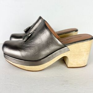 Rachel Comey Bose Tassel Clog Size 7 Gunmetal Metallic Leather Wood Platform